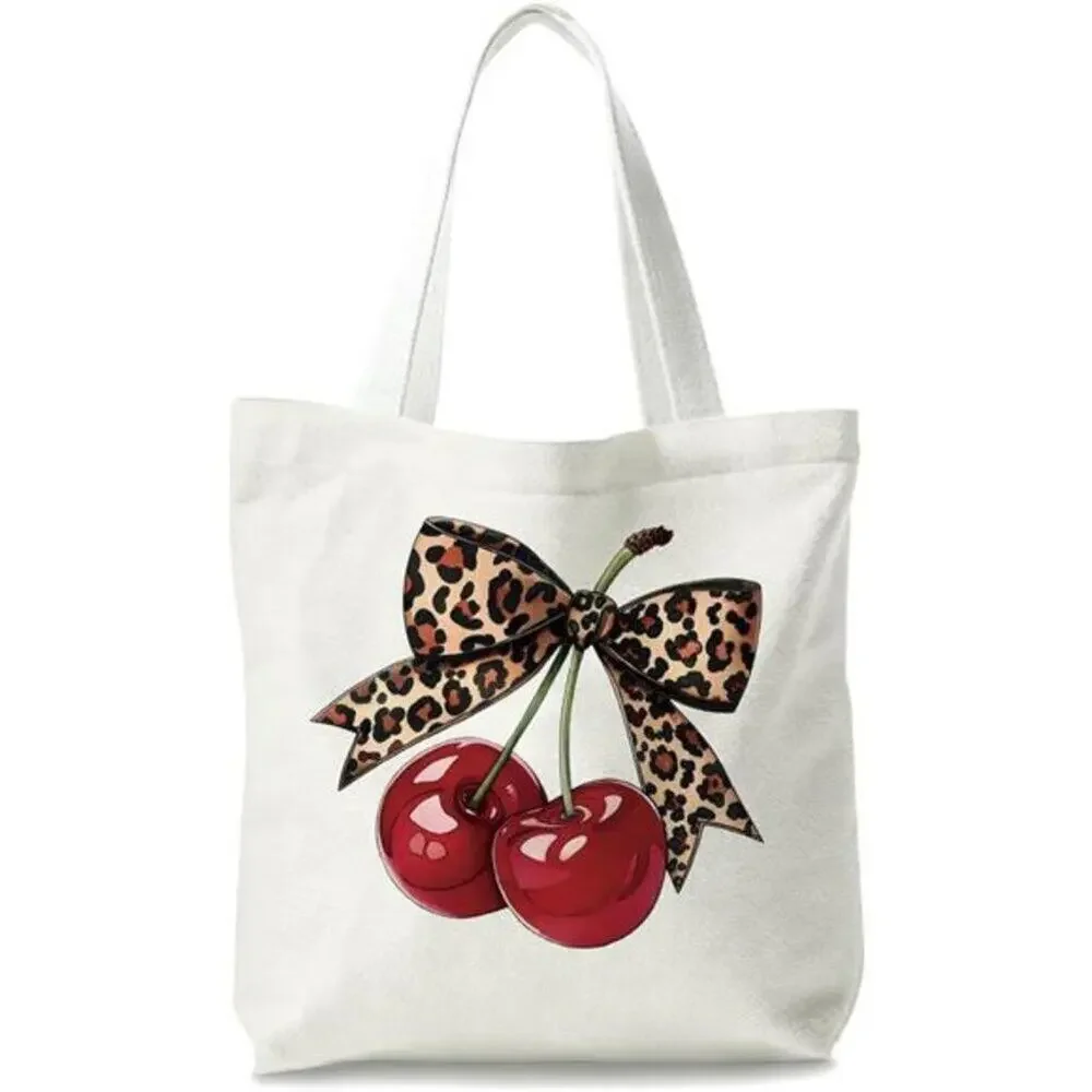 Reusable Canvas Shoulder Bag with Cherry Graphic Design